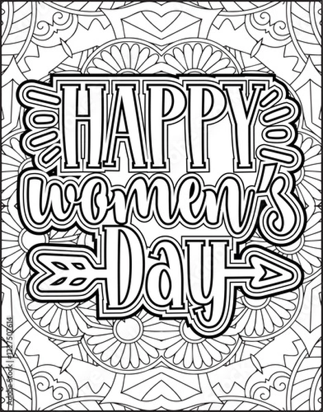 Fototapeta International Women's Day Quote Coloring Page. Happy Women's Day Motivational Quote Coloring Page.