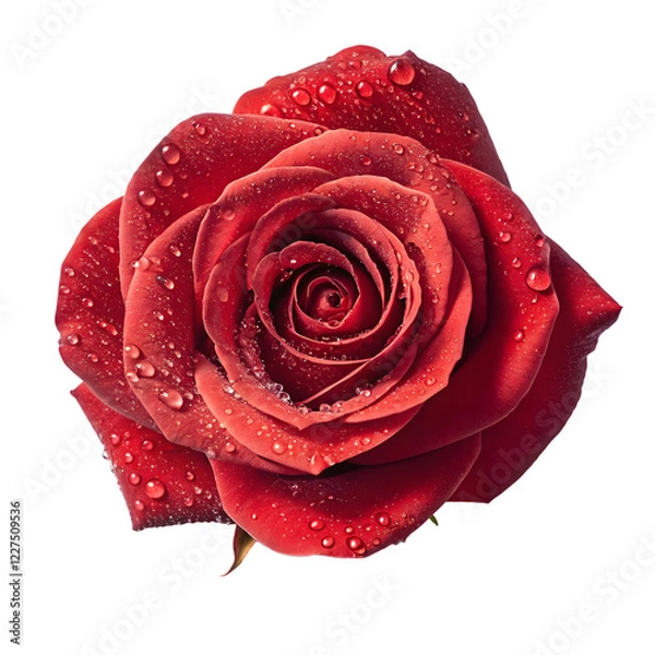Fototapeta In the still darkness, a vibrant red rose emerges, its petals adorned with sparkling water droplets, celebrating Valentine's Day with a transparent background