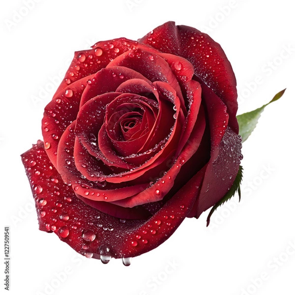 Fototapeta A radiant red rose drenched in delicate water droplets, the perfect symbol of Valentine's love with a transparent background