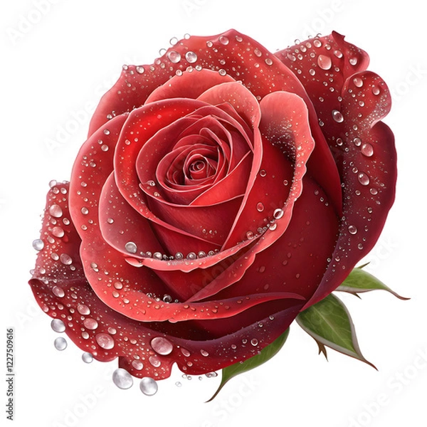 Fototapeta Glistening with dew, a radiant red rose stands out in the dark, symbolizing Valentine's love with a transparent background