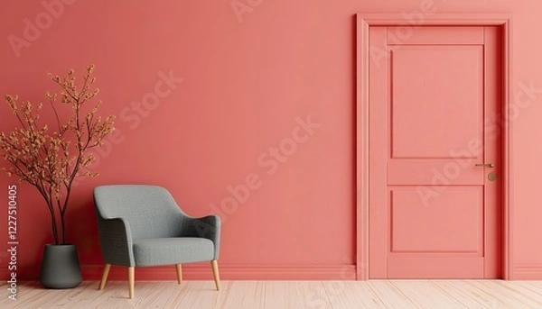 Fototapeta A modern interior featuring a coral wall, a cozy gray chair, and a stylish door, complemented by decorative foliage in a pot.