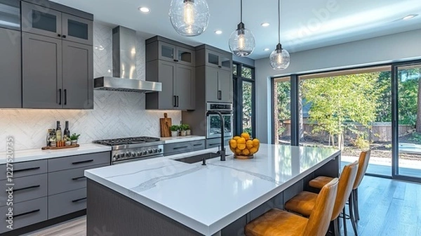 Fototapeta A glossy gray linear tile backsplash and white quartz countertops complement the dark gray flat front cabinets in this modern gray kitchen. USA, Northwest