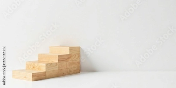 Fototapeta Simple wooden block staircase against a white backdrop for product display and presentations