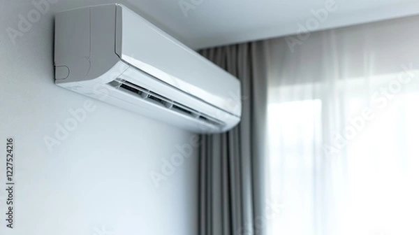 Fototapeta Modern air conditioning unit mounted on a wall in a bright, minimalistic room with curtains