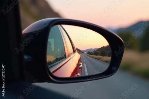 Fototapeta Close-up view of a car's rearview mirror reflecting blurred scenery, transportation, interior