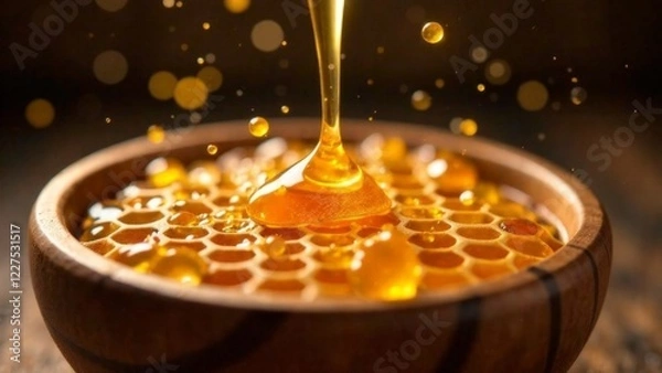 Fototapeta A bowl of honey is poured into a wooden bowl. The honey is golden and thick, and it is dripping from the bowl. The bowl is placed on a wooden table, and the honey is spread out across the table