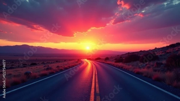 Obraz Vibrant Sunset Hues Paint the Sky Above a Winding Asphalt Road Leading Towards a Distant Mountain Range
