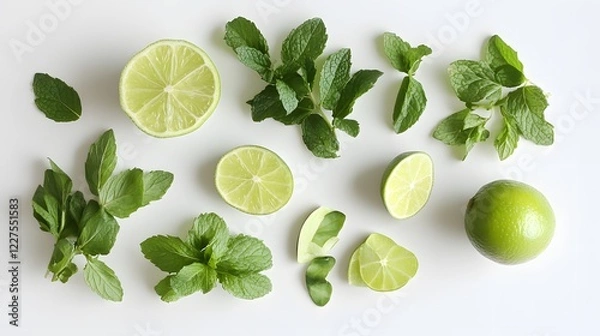 Fototapeta Fresh Limes and Mint Leaves Arranged on a White Background