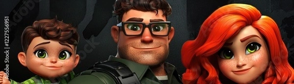 Fototapeta Family adventure game; stylized characters; dark background; game promotion