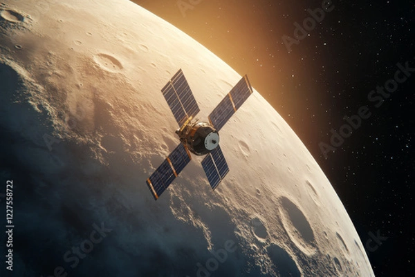 Obraz A spacecraft is captured in orbit around the Moon as the sun rises, illuminating the lunar surface with soft light.