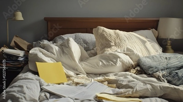 Fototapeta Messy bed with crumpled sheets, scattered papers, and hanging blankets, representing a chaotic morning routine and the impact of a busy lifestyle on rest.