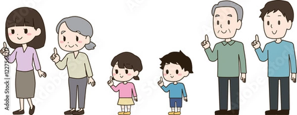 Obraz 人差し指を立ててポイントのポーズをする三世代の女性,男性,女の子,男の子,高齢男性,高齢女性