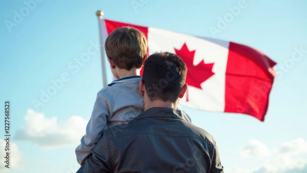 Fototapeta Banner boy child sitting on the hands of a man against the background of the flag of Canada against the background of a blue clear sky, concept National Flag of Canada Day