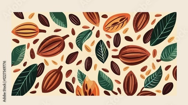 Obraz Cocoa Beans and Leaves Flat Vector Illustration