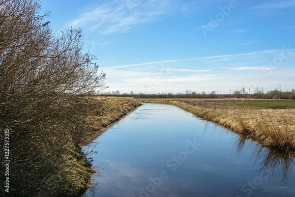 Fototapeta Irrigation channel between cultivated fields.