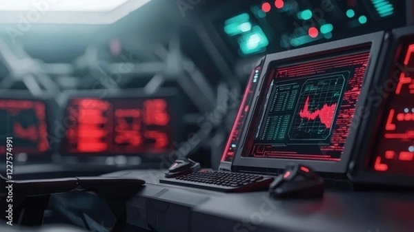 Fototapeta A futuristic control room featuring advanced digital displays, with red and green graphics on screens, showcasing data and analytics.