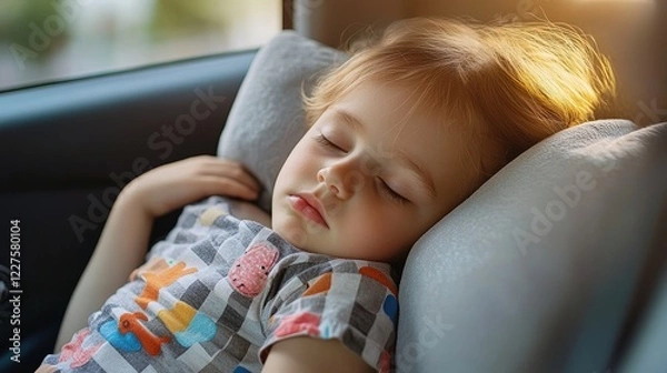 Fototapeta Child sleeping peacefully in car seat with sunlight streaming in through window, cozy nap during family road trip or travel adventure, comfort and relaxation.