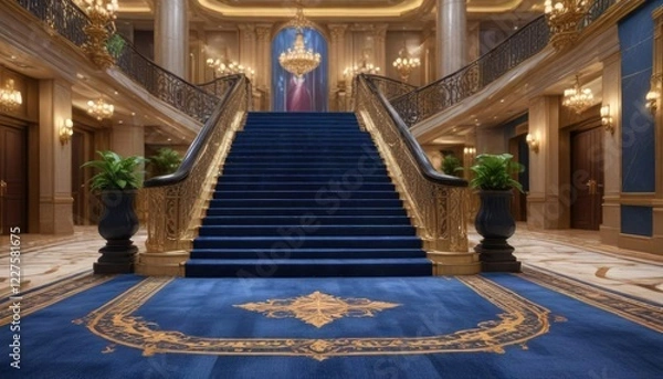Obraz Grand staircase with blue carpet leading up to luxurious casino lobby , upscale, ornate