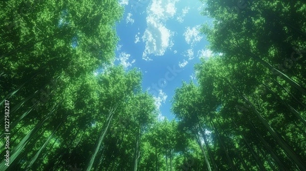 Fototapeta Serene Bamboo Forest Under Vibrant Blue Sky with Fluffy Clouds