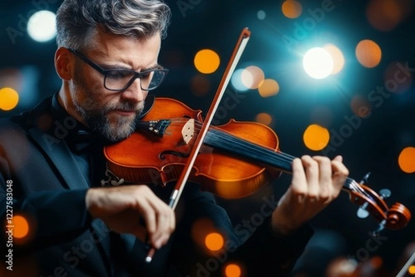 Fototapeta A musician fluently playing a violin, their hands moving gracefully as the strings vibrate under soft stage lighting