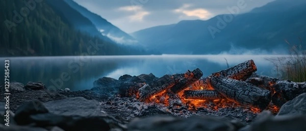 Fototapeta Campfire, glowing embers and tranquil lake at dusk with mountains in the background, highlighting natures beauty and peaceful outdoor experiences. Perfect for relaxation and adventure themes.