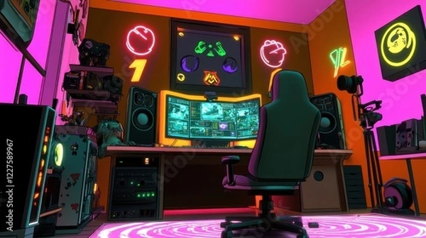 Fototapeta Neon Lit Gamer Room Setup Featuring Advanced Tech