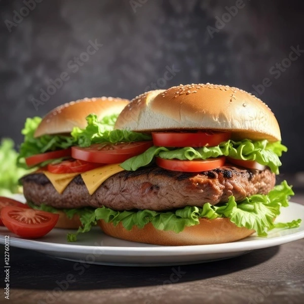 Fototapeta Half hamburger sandwich with lettuce and tomato on a plate, juicy, burger, green
