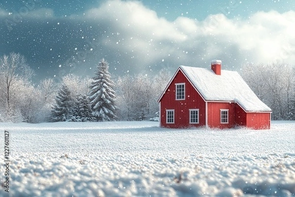 Fototapeta Beautiful winter landscape with a red house surrounded by snow and tall trees
