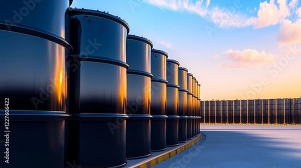 Fototapeta Row of black barrels under a vibrant sunset sky at an industrial site, symbolizing storage and logistics