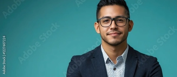 Fototapeta Confident Hispanic businessman in blazer with glasses posing against teal backdrop ideal for marketing or business-related content.