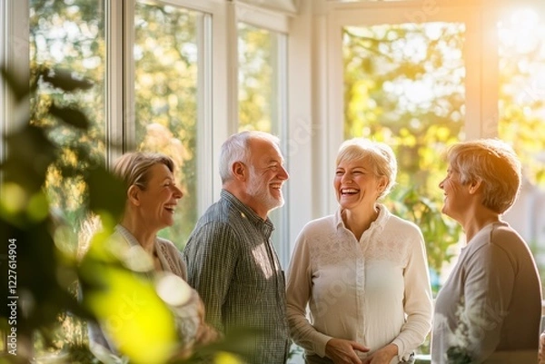 Fototapeta Group of people laughing together in a bright modern house. Sunlight streams through large windows, creating a warm and welcoming atmosphere. Cheerful communication of elderly people, positive emotion