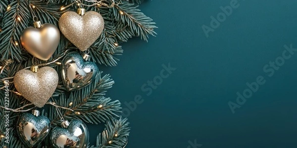 Fototapeta Elegant Christmas Tree Decorations with Heart-Shaped Baubles on Green Backdrop Featuring Copy Space for Festive Text and Greetings