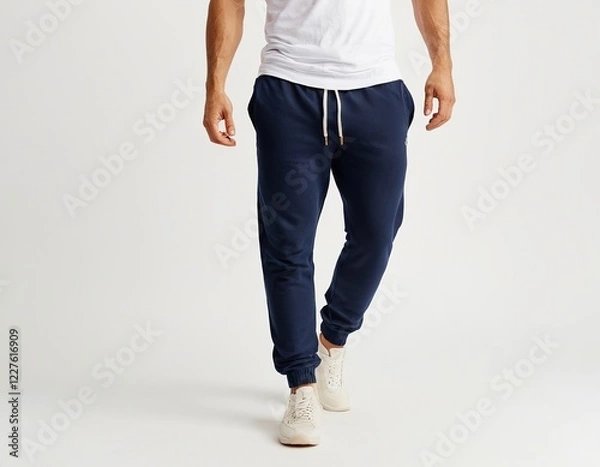 Obraz Stylish male model in navy jogger pants and white tee, showcasing a casual streetwear vibe.