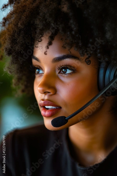 Fototapeta A woman wearing a headset with a microphone