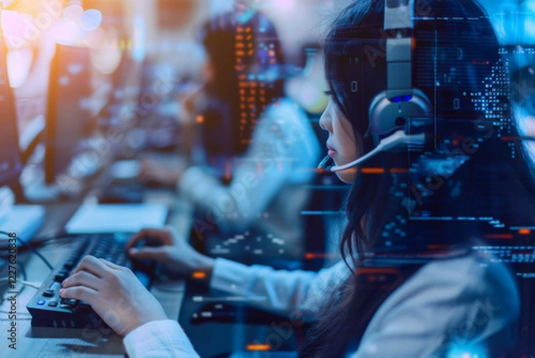 Fototapeta Focused woman in headset working at her computer in a high-tech network operations center, surrounded by screens and digital connectivity nodes.