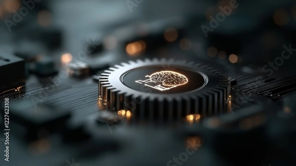 Fototapeta Cutting-edge technology concept featuring AI microchip on circuit board, highlighting artificial intelligence advancements and futuristic computing innovations.