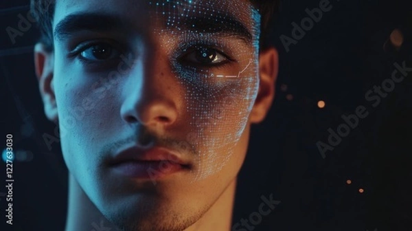 Fototapeta AI Facial Recognition Technology Concept Featuring Human Face and Digital Interface with Space for Text in Futuristic Setting