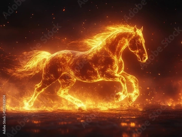 Fototapeta Fiery horse galloping amidst intense flames, showcasing motion and strength