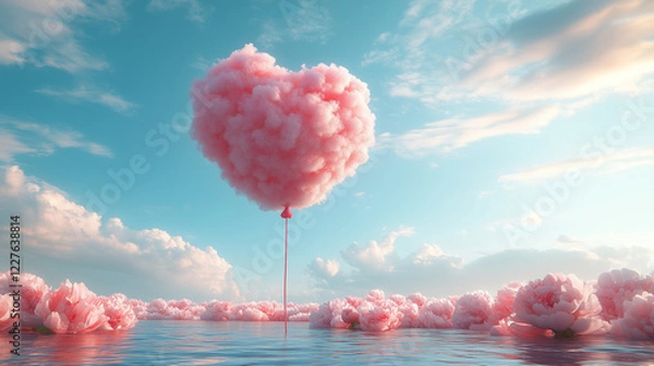Fototapeta "Romantic Valentine's Day Background Featuring a Cotton Candy-Like Heart Cloud in a Serene Sky Above a Peaceful Landscape with Pink Floral Details - Ideal for Banners