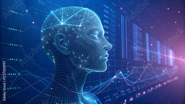 Fototapeta Futuristic digital portrait of a human-like ai virtual space 3d animation tech environment profile view artificial intelligence concept