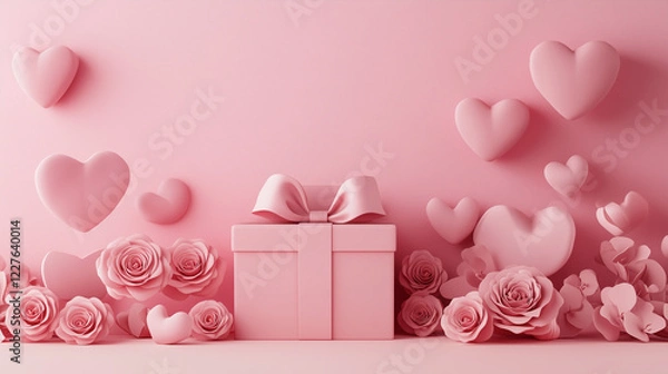 Fototapeta Charming Valentine's Day Composition with Roses, Hearts, and Gift Box – Ideal Banner with Copy Space for Greetings
