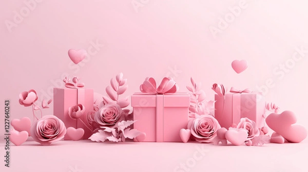 Fototapeta Luxurious 3D Valentine's Day Background with Pink Gift, Satin Ribbon, and Copy Space – Perfect for Love-Themed Designs