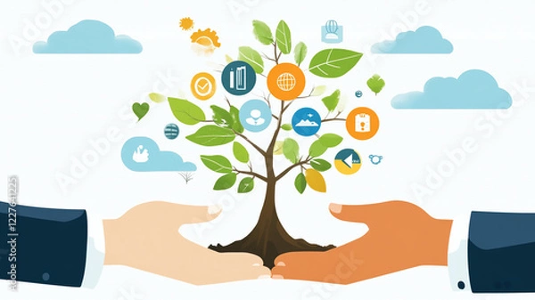 Fototapeta Hands holding growing tree with icons representing growth