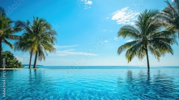 Fototapeta Serene infinity pool under a clear blue sky with palm trees overlooking the ocean on a sunny day