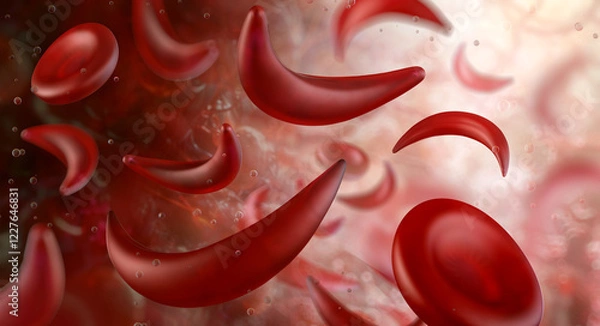 Fototapeta Sickle cell anemia. Deformed red blood cells within the bloodstream. The cells are crescent-shaped, obstructing blood flow and oxygen delivery through small blood vessels. Medical scientific 3D image
