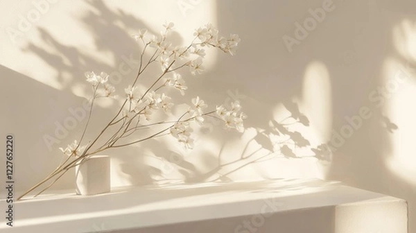 Fototapeta Minimalist arrangement of delicate white flowers casting soft shadows on a serene background ideal for wellness and relaxation themes