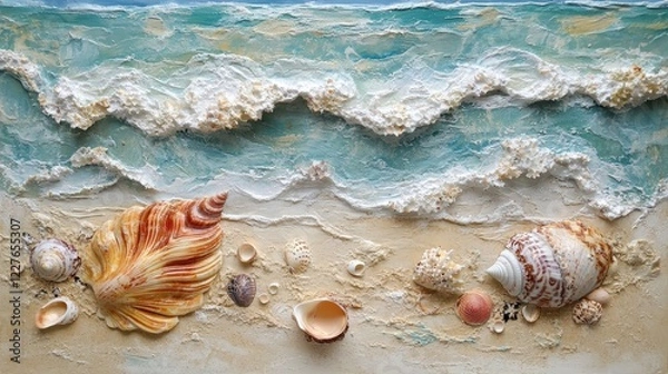 Obraz Serene Coastal Scene of Seashells on Sandy Beach with Gentle Waves in Clear Blue Ocean Water