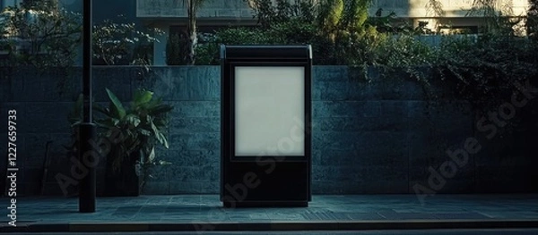 Fototapeta Blank black billboard mockup at bus stop surrounded by greenery vertical design template for advertising with empty copyspace for text