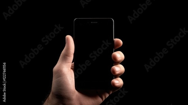 Fototapeta Hand holding a modern smartphone with a blank screen in a dark setting ideal for displaying apps or advertisements
