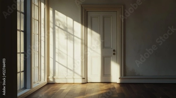 Fototapeta Minimalist room interior with elegant window design and wooden flooring featuring a simple door and soft natural light shadows
